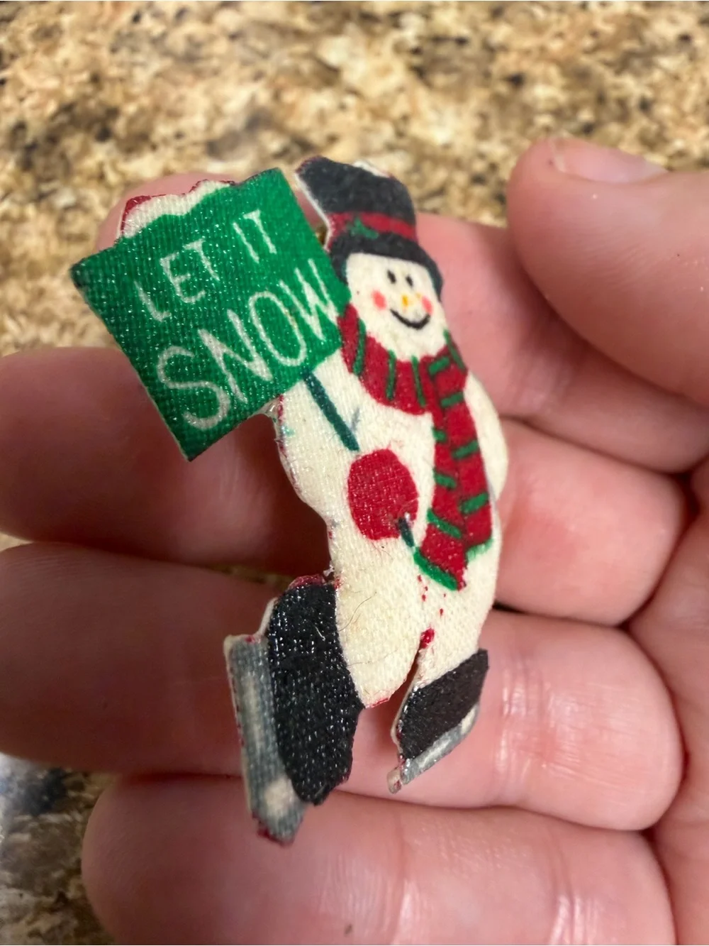 Vintage Snowman Brooch Let It Snow Christmas Pin Fabric Folk Art Holiday Skates